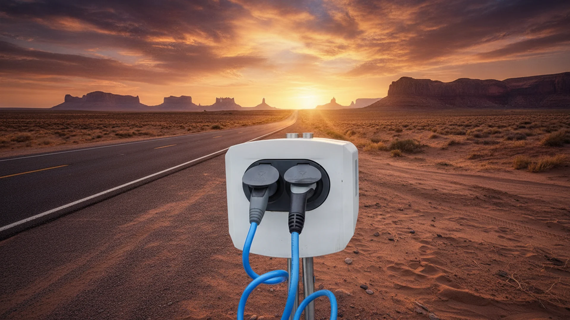 A white EV charging station with two blue cables stands on a dirt road at sunset in a desert landscape.