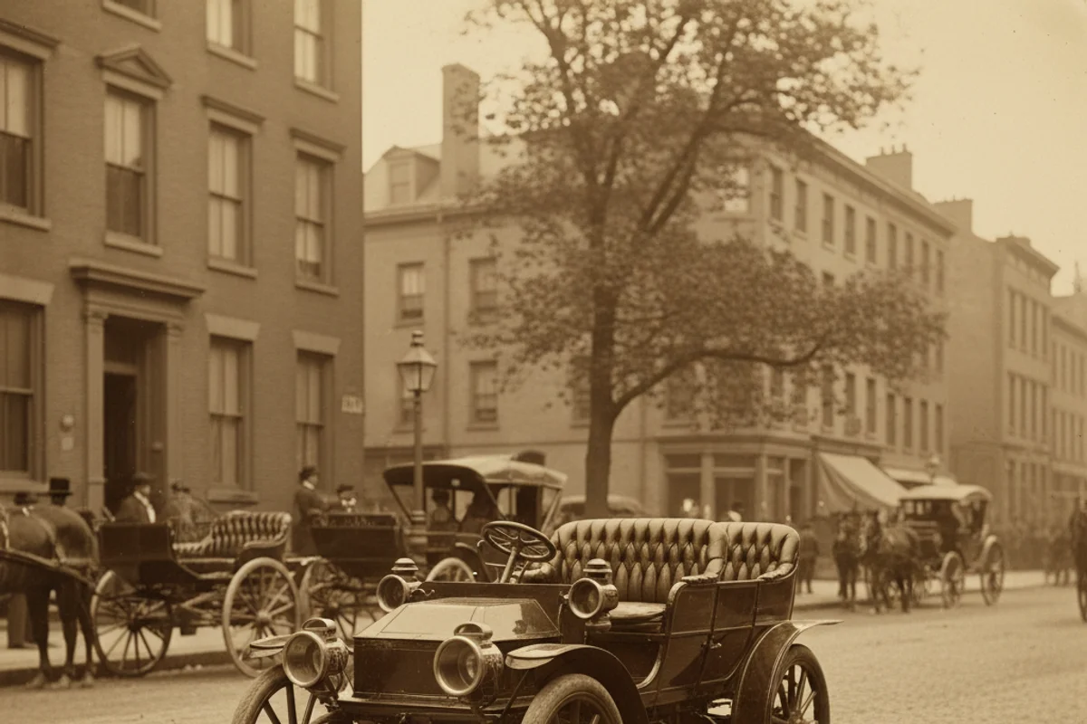 A vintage early-1900s electric automobile on a period city street