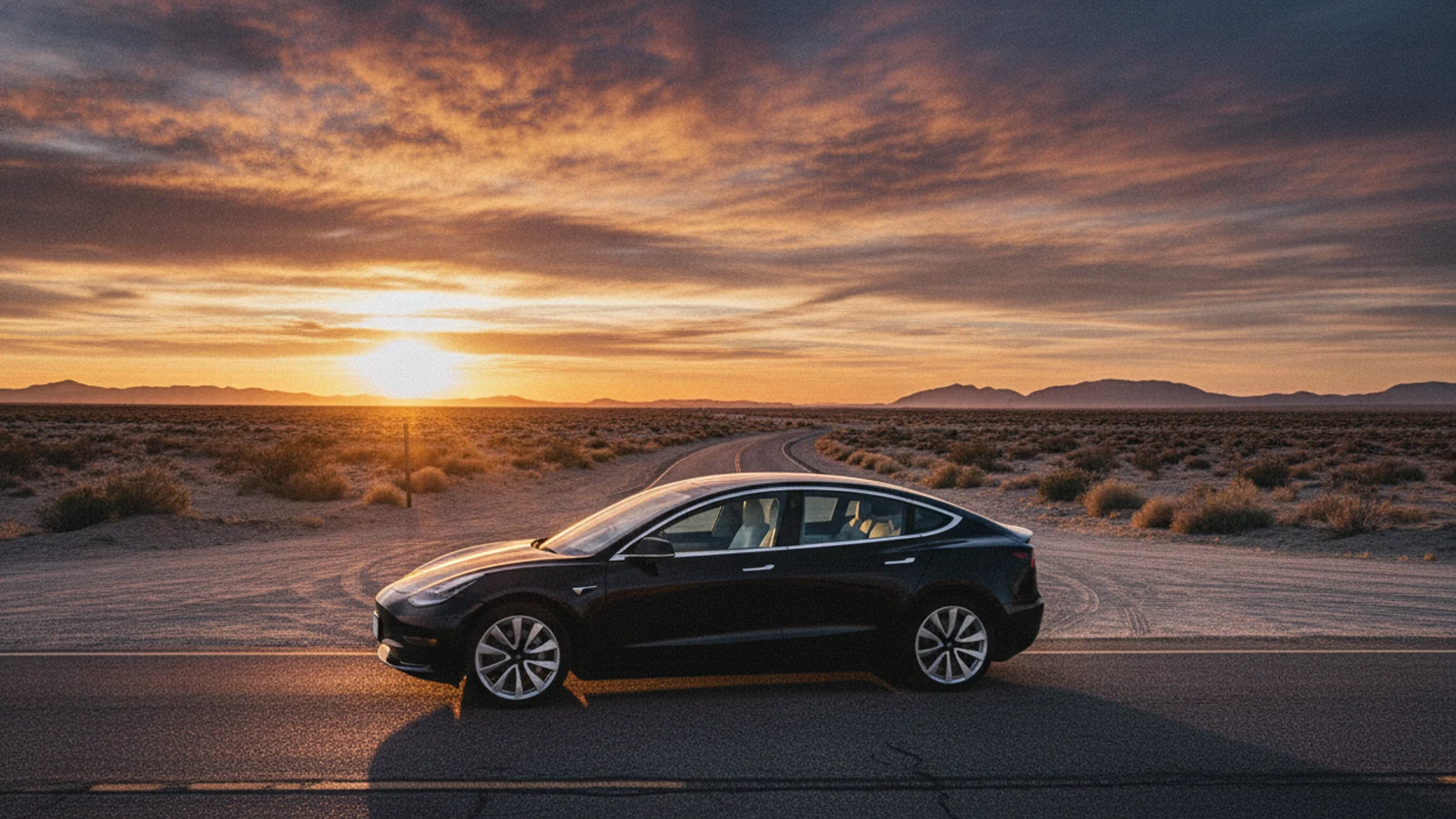A black Tesla Model 3 is parked on a desert road at sunset, with mountains in the distance.